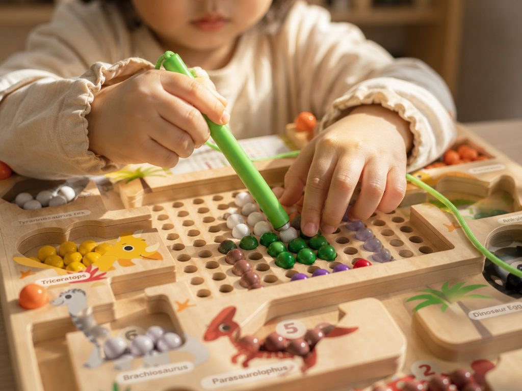 Close-up of a preschool child using a wooden maze toy to improve hand-eye coordination and fine motor skills.