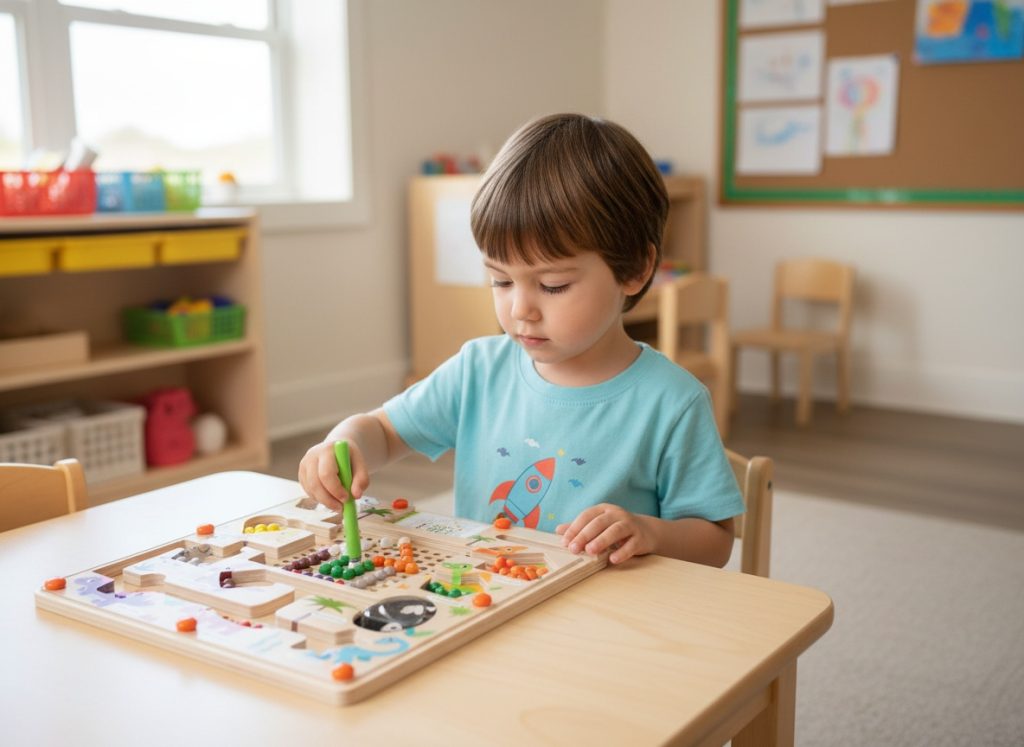 Preschool child developing fine motor skills with a wooden maze toy.