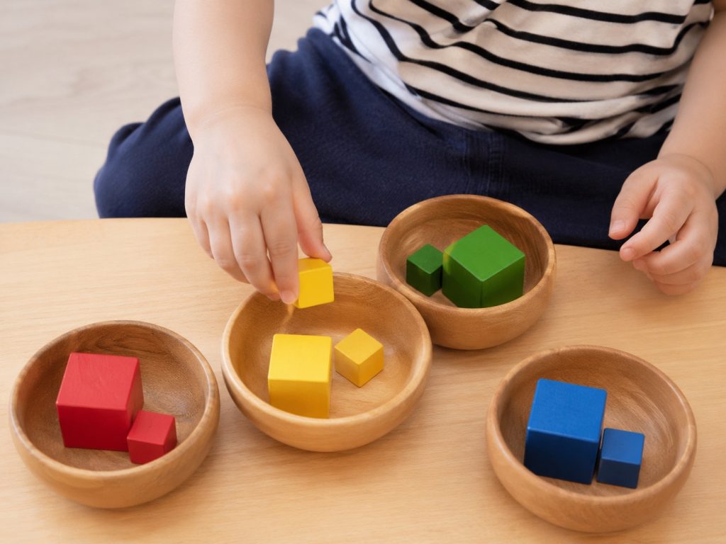 Child sorting wooden shapes to develop cognitive skills and fine motor coordination