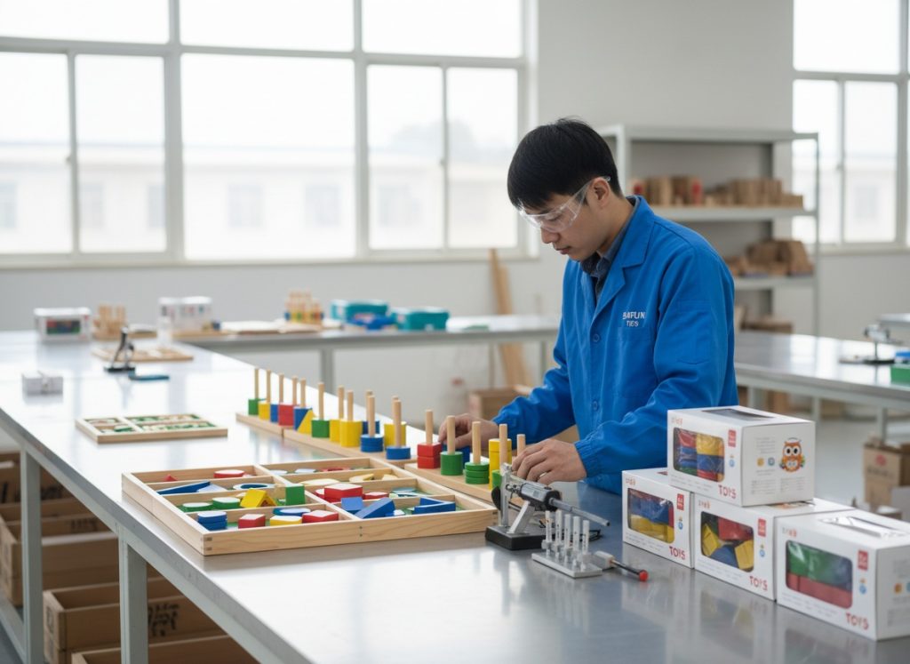 sorting toys manufacturer checking educational toy quality during production