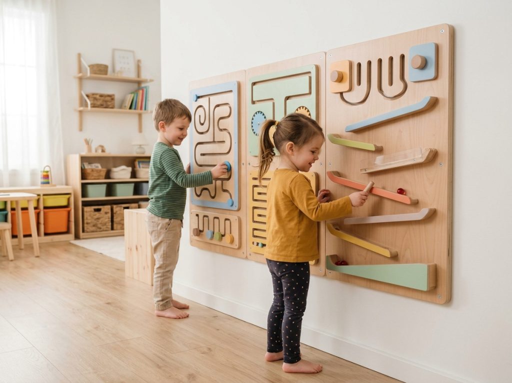 children playing wall mounted maze toy activity panel in indoor playground learning space