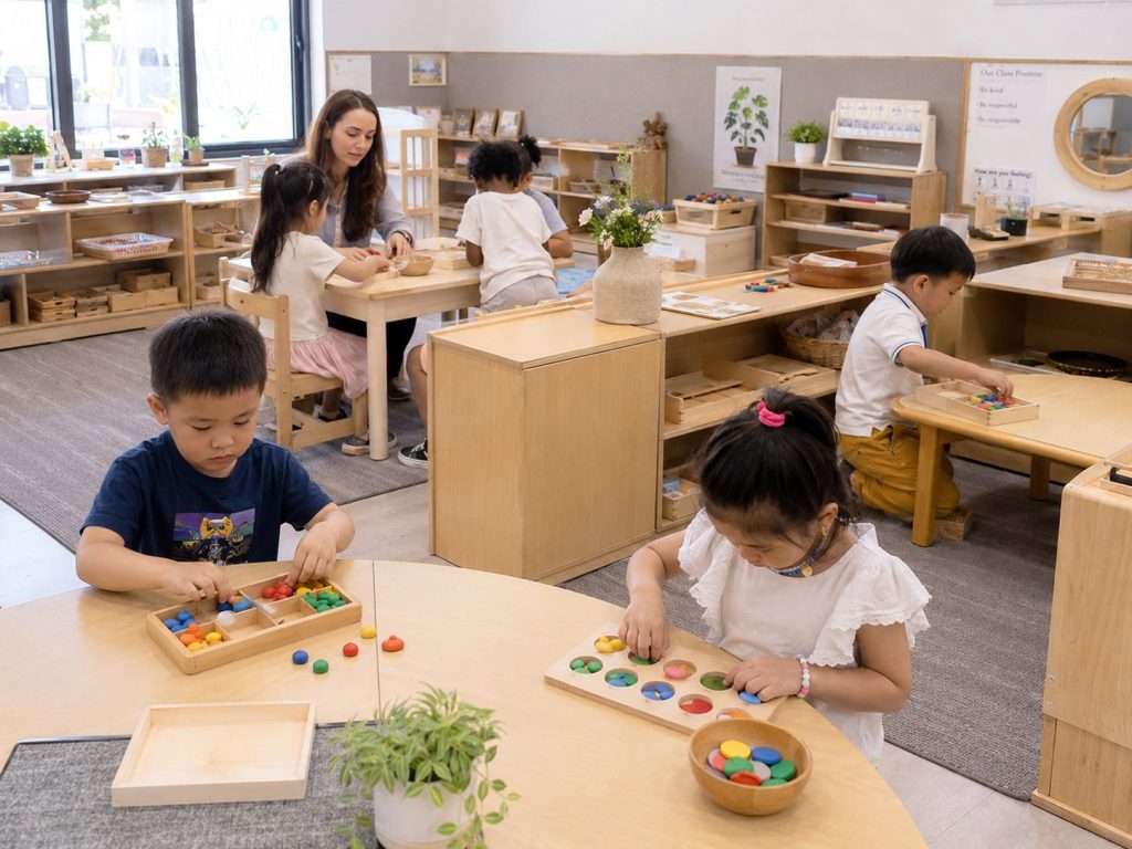 Preschool children using wooden sorting toys during hands-on learning activities in an early childhood classroom.