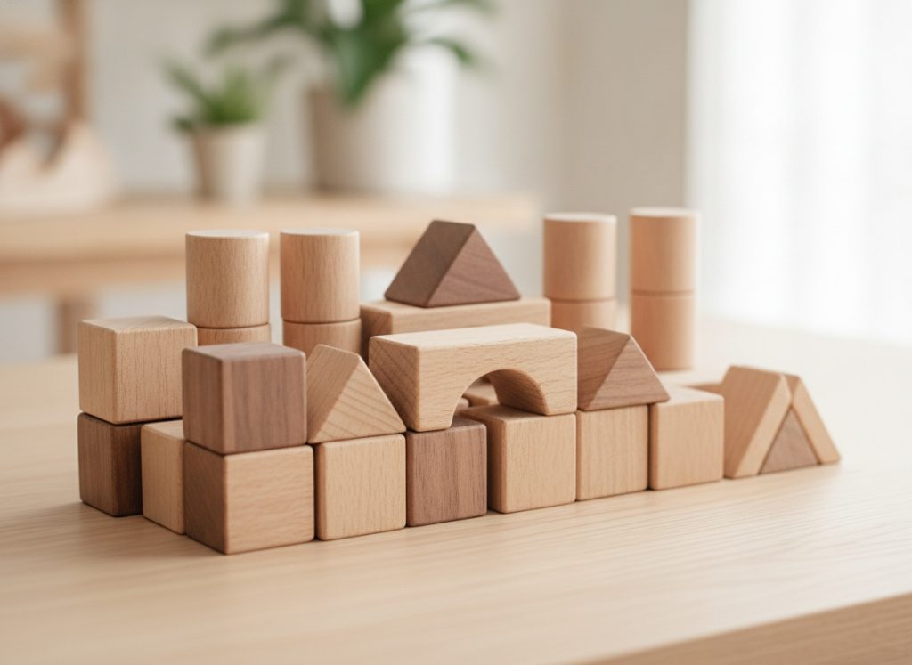 Close-up of high-quality wooden building blocks with smooth edges and precise craftsmanship