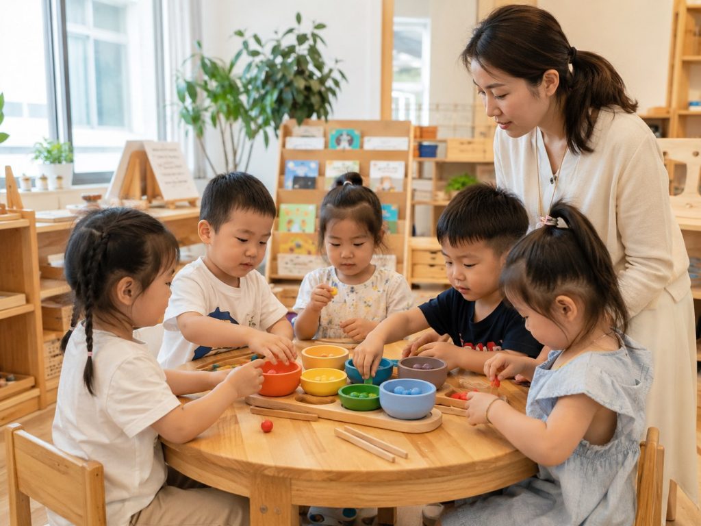 Preschool children using wooden sorting toys together during an early learning classroom activity.