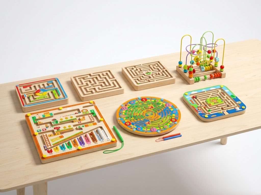 Wooden maze toys displayed for educational toy distributors, retailers, and classroom learning.