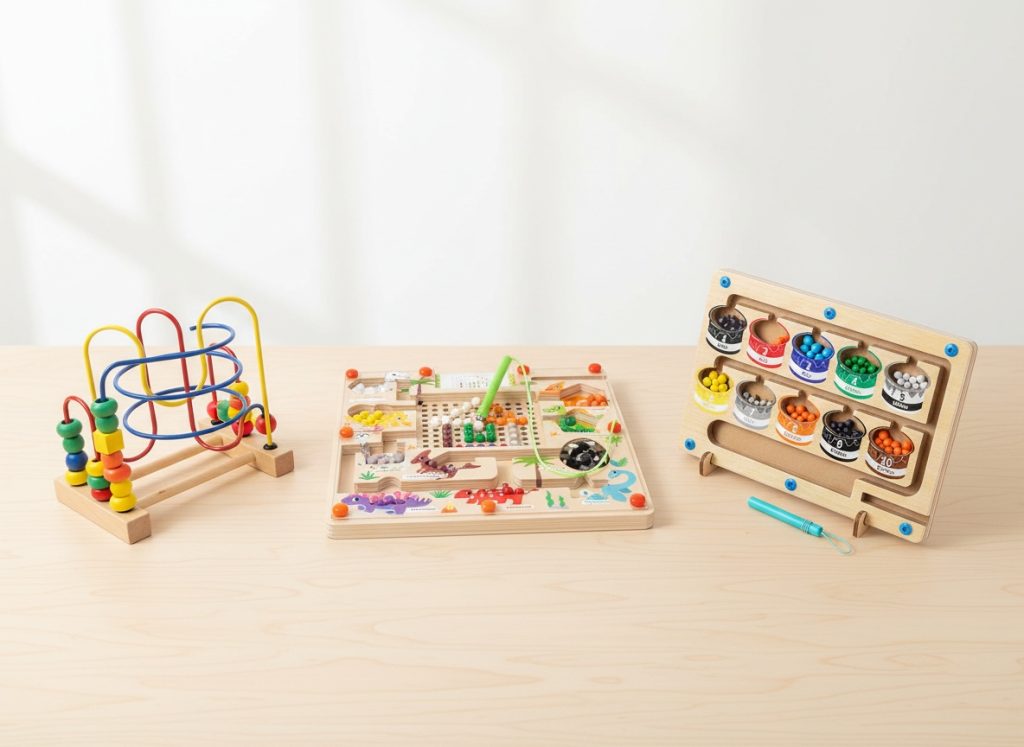 Different types of high-quality wooden maze toys designed for preschool learning.