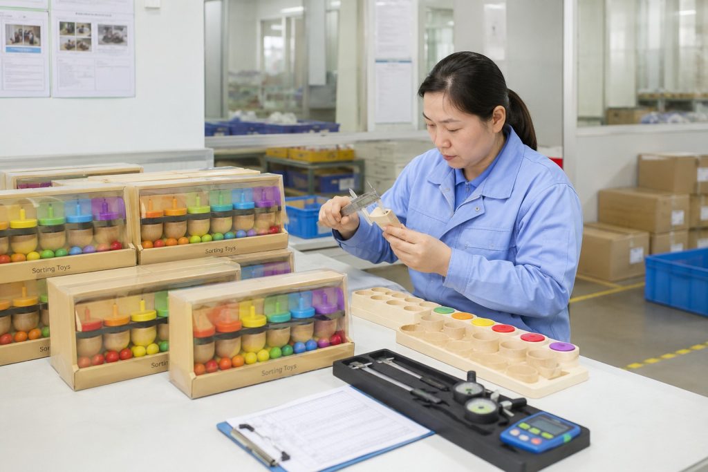 Quality inspection of wooden Montessori sorting toys for OEM educational toy manufacturing