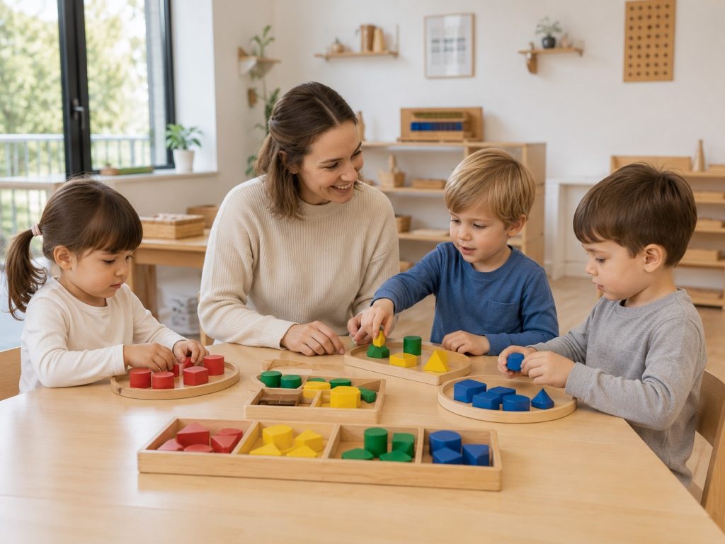 Teacher guiding children with sorting toys during preschool classroom activities