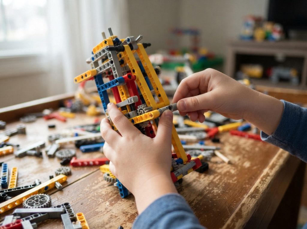 Close-up of a child's hands assembling open-ended building tiles