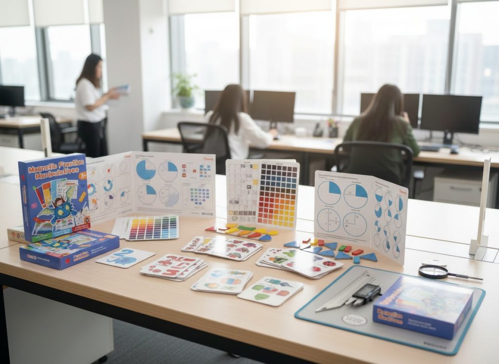 Prototype development process for customized paper-based math manipulatives, including fraction books, educational cards, and packaging samples.