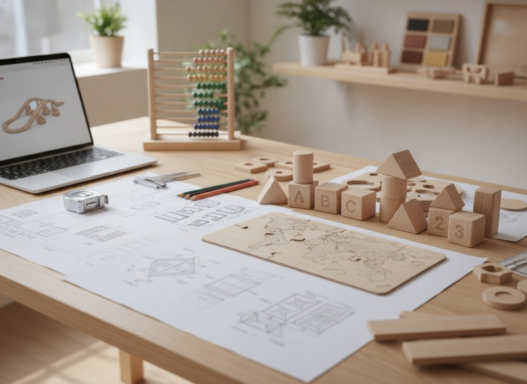 custom wooden educational toys design and product development workspace