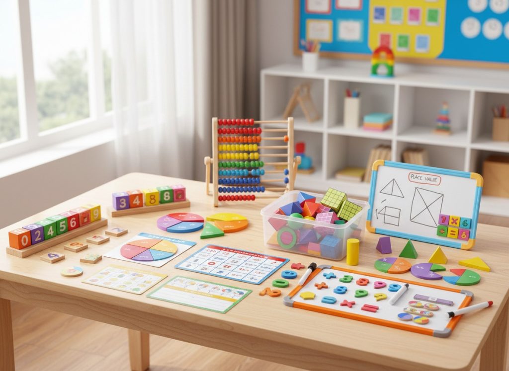 Different types of math manipulatives including fraction pieces, number blocks, and geometry tools