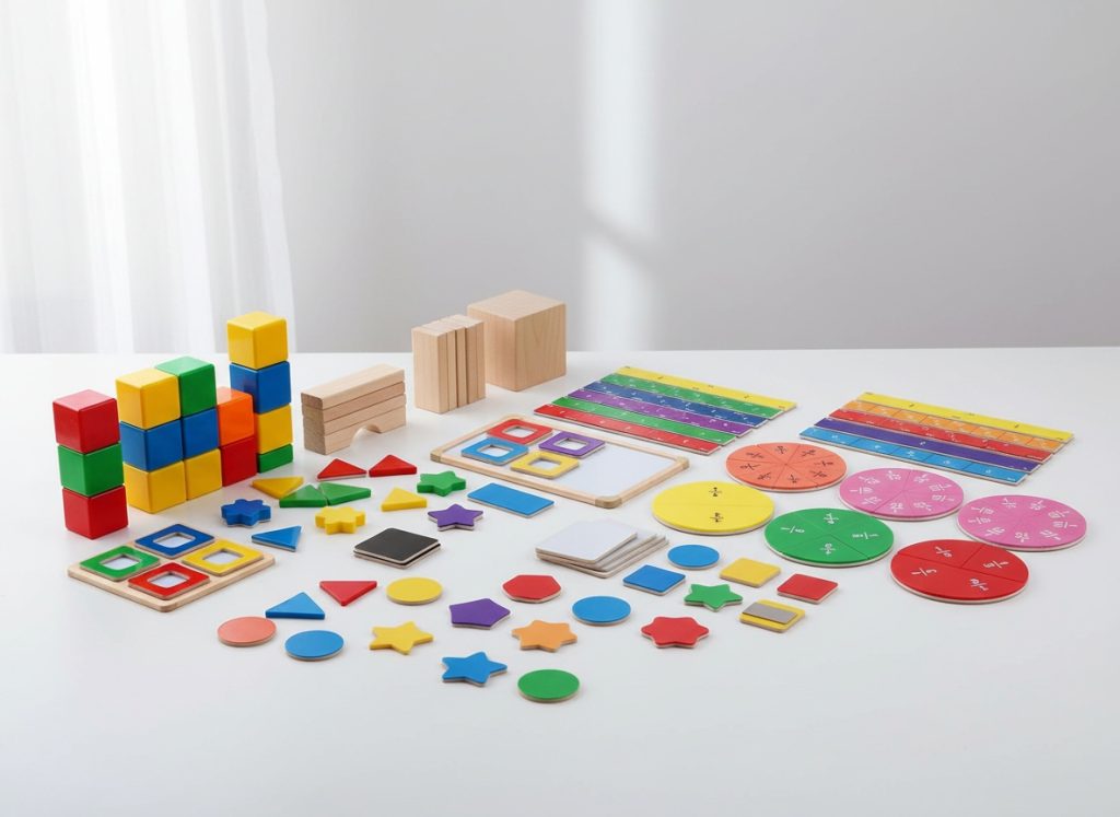 different types of math manipulatives including fraction circles bars and magnetic learning tools