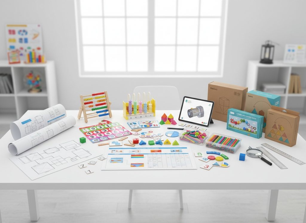 Educational toy product development workspace showing math learning products, design samples, and customization process