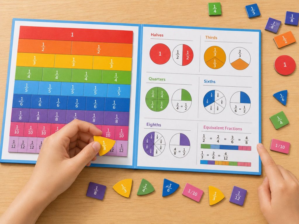 Students using paper fraction cards and a fraction book to understand mathematical concepts through hands-on learning.