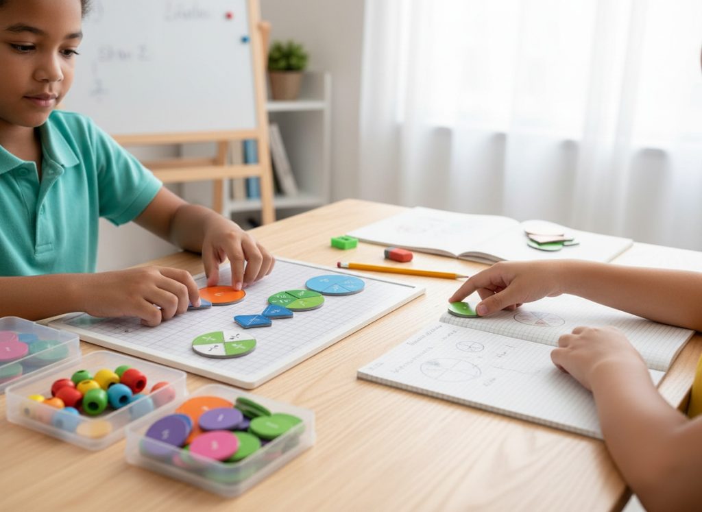 Students learning fractions through hands-on activities with math manipulatives