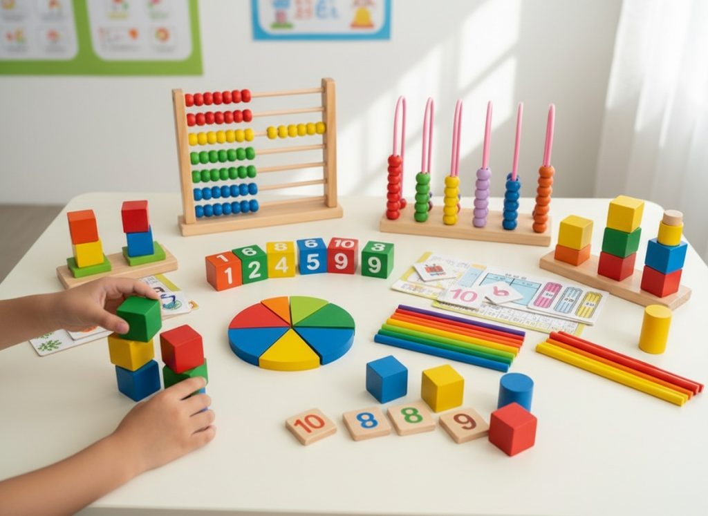 Hands-on math learning materials helping children understand numbers and mathematical concepts