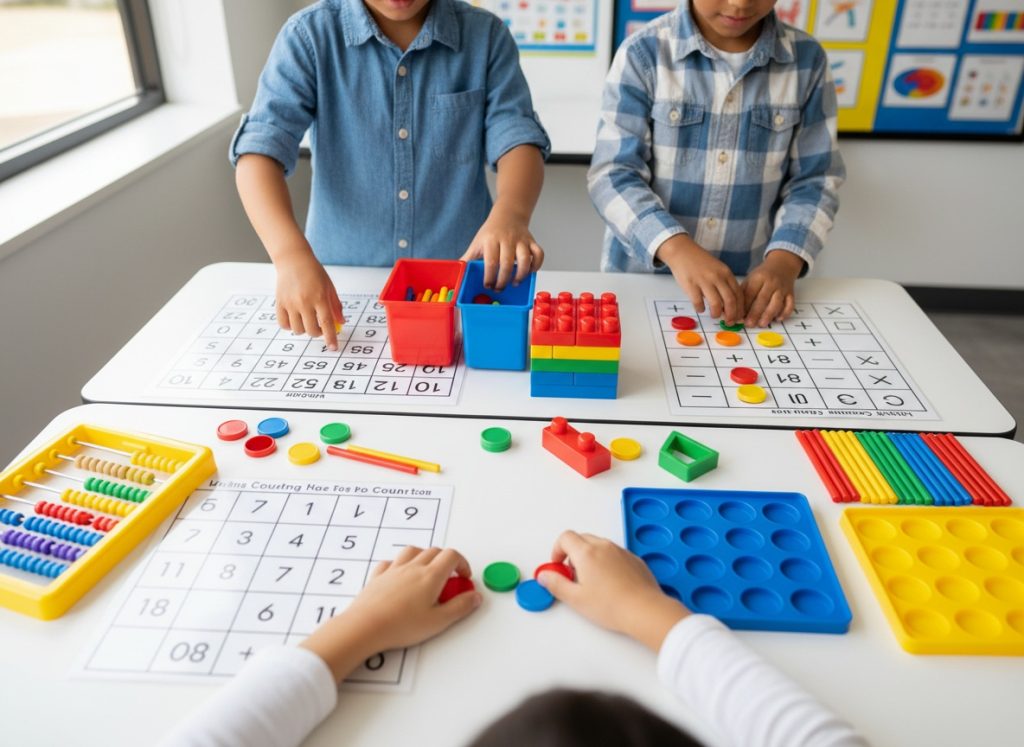 Children using hands-on math manipulatives to practice counting, sorting, and early mathematical concepts
