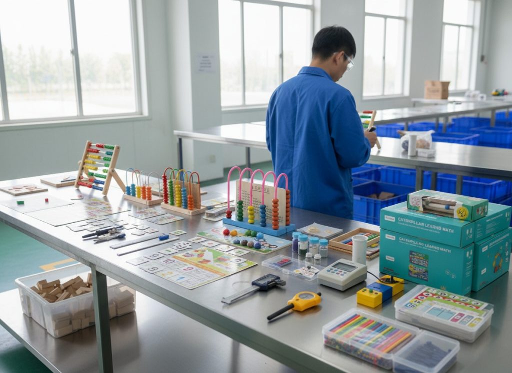 Quality control process for math manipulatives with product samples and safety testing tools