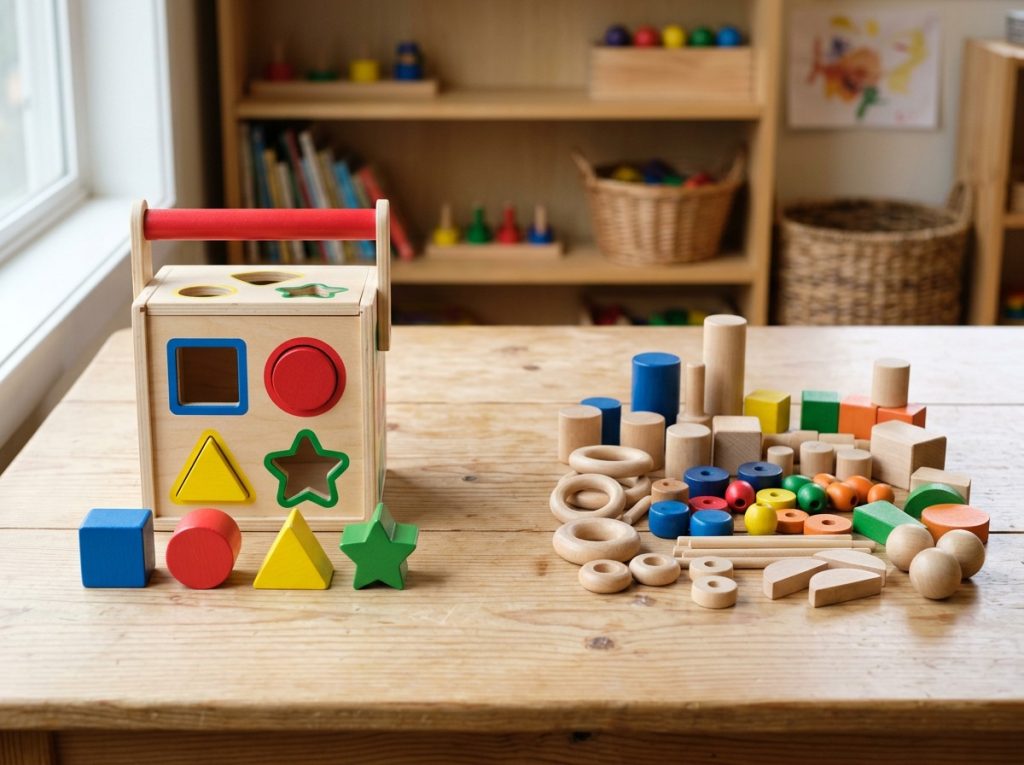 Two children engaging in collaborative play with open-ended building toys in a preschool environment.