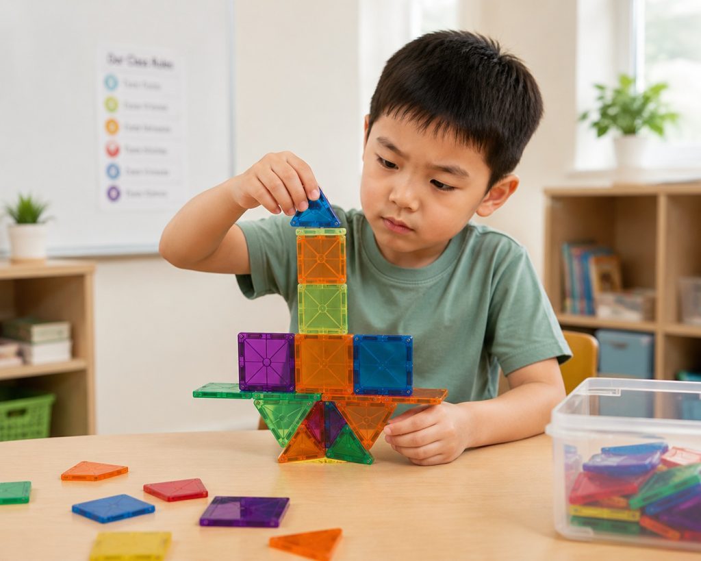 Young student using magnetic open-ended building tiles to test structural balance in a classroom setting.