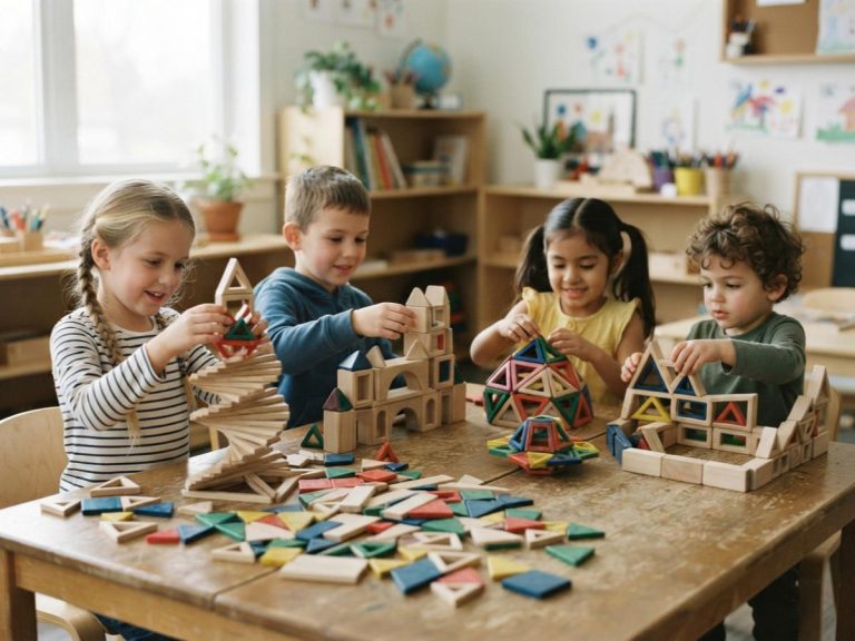 Children using open-ended toys to build different structures during classroom free play
