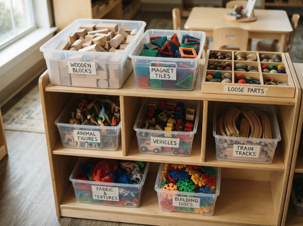 Storage bin of durable open-ended toys organized for classroom use
