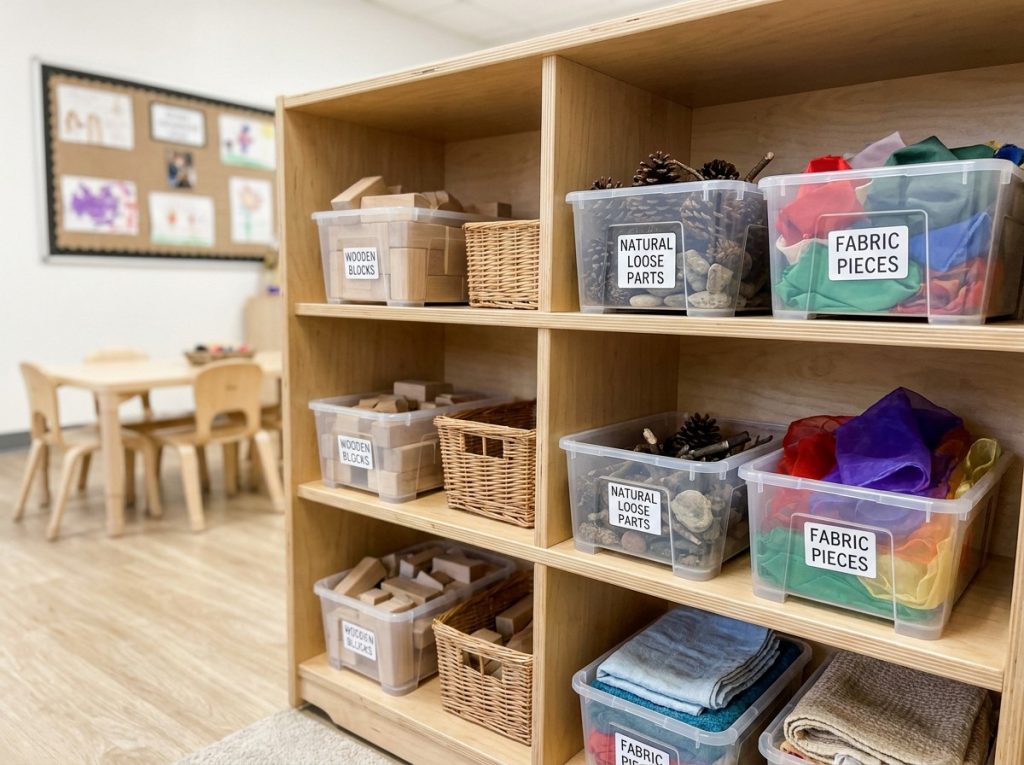 Well-organized classroom shelf displaying open-ended toy sets including wooden blocks and loose parts for early childhood learning.