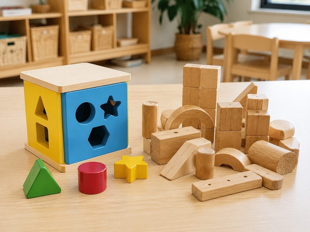 Comparison of closed-ended shape sorter toy and open-ended wooden loose parts for early childhood classrooms.