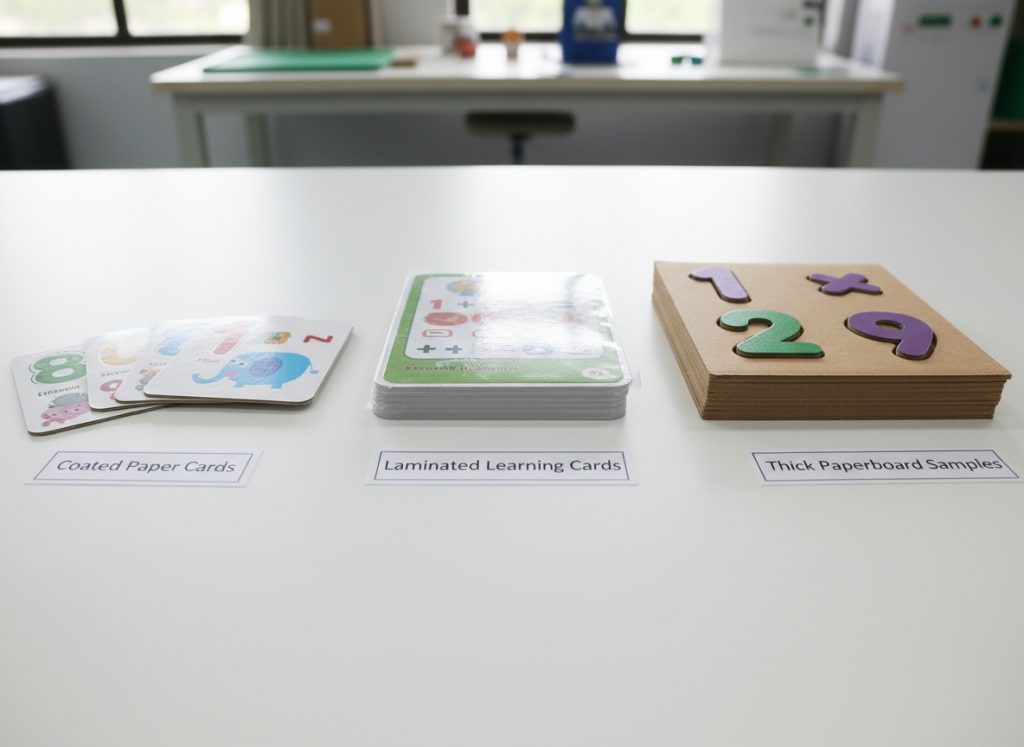 Different paper materials used for manufacturing math manipulatives, including coated paper, laminated cards, and paperboard.