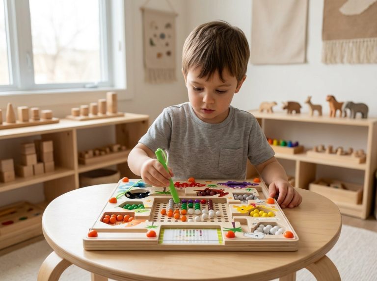 Preschool child playing with a wooden maze toy in a bright classroom to develop fine motor skills and early problem-solving abilities.