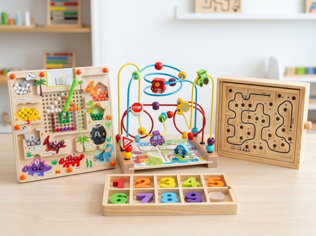 Different types of educational maze toys for classrooms, Montessori learning, and early childhood education.