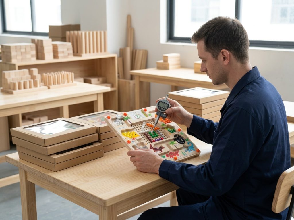 Quality inspection of wooden maze toys during manufacturing before packaging for preschool educational markets.