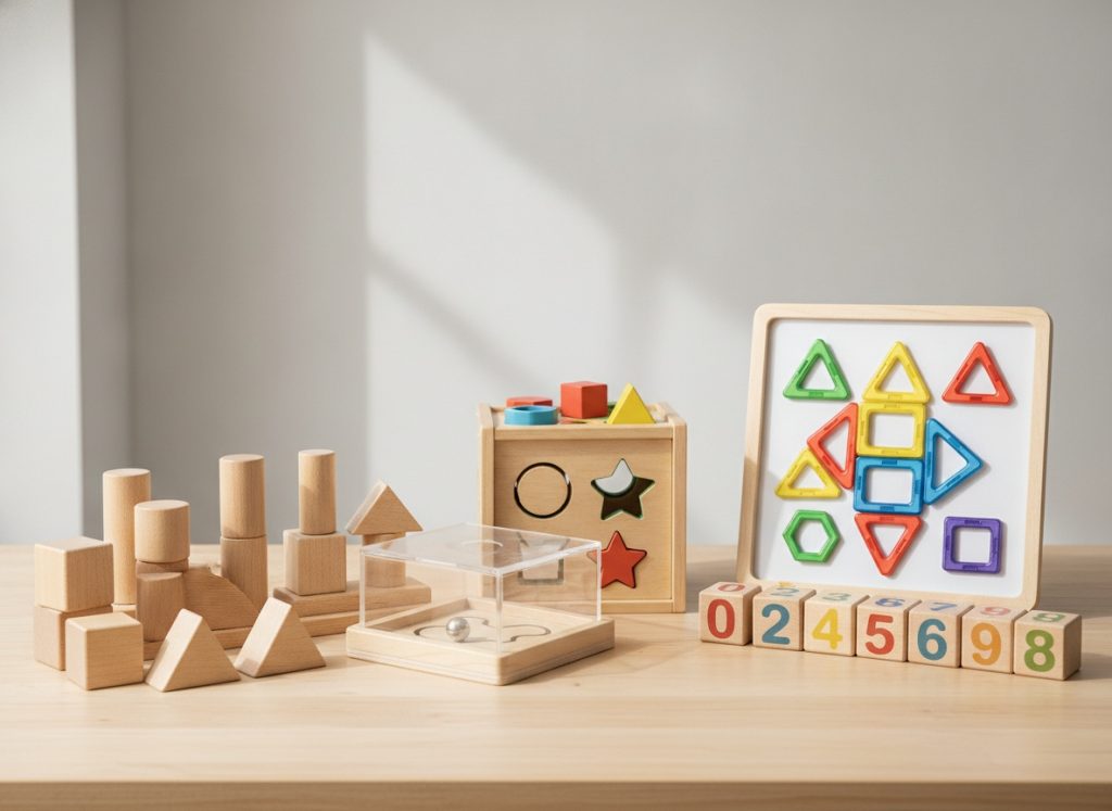 Different categories of wooden educational toys including blocks, maze games, sorting toys, and number learning products for preschool children.