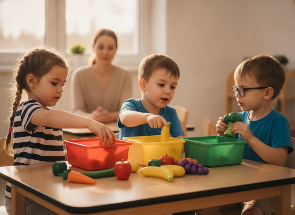 preschool children using educational toys for sorting activities and cognitive development