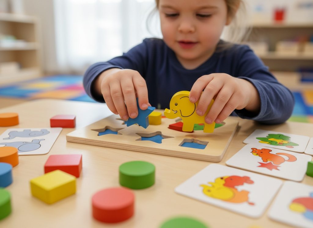 preschool child solving a puzzle with educational toys to improve cognitive development and problem solving skills