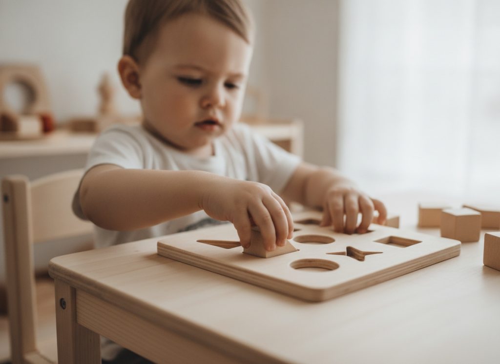 Child using a wooden shape sorting toy independently to develop problem-solving skills