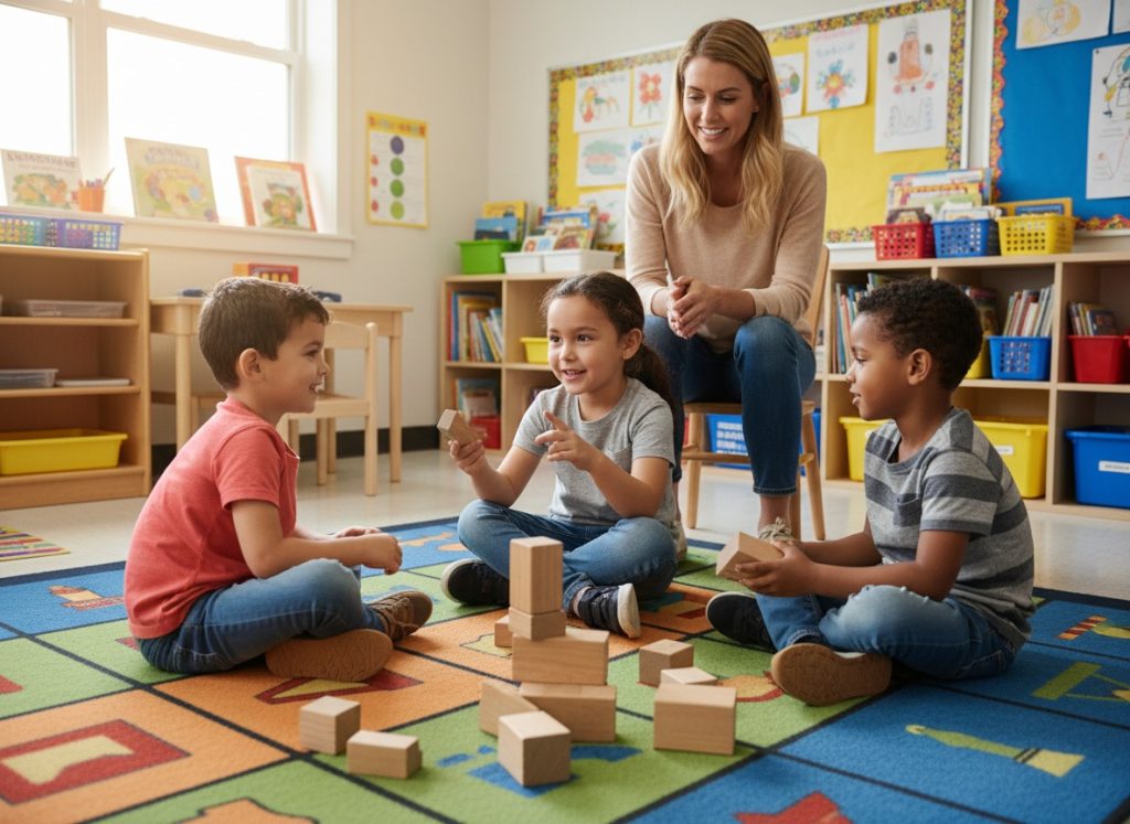 preschool children using educational toys together to develop communication and teamwork skills