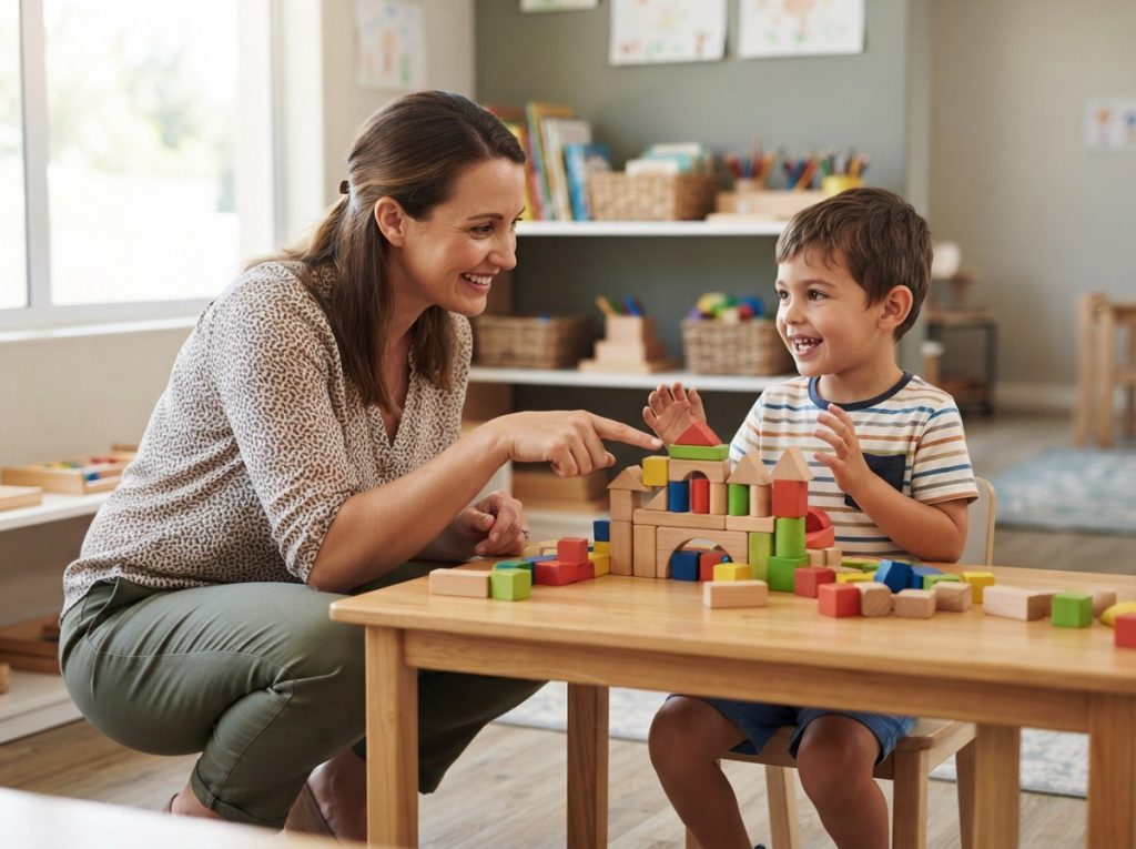 Teacher discussing shapes with a student during open-ended block play