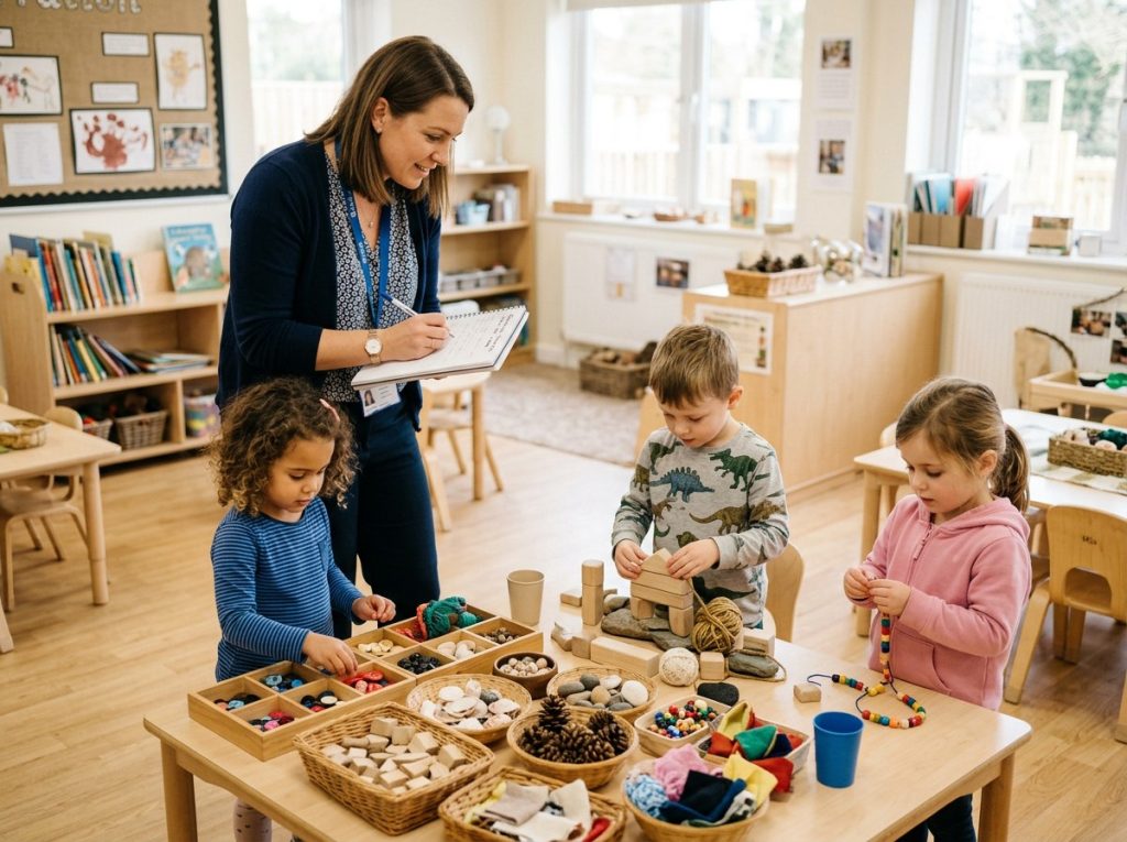 Early childhood teacher observing children using open-ended play materials as part of a structured learning environment.