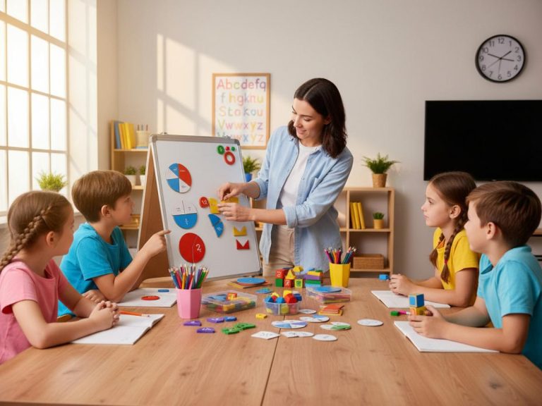 Teacher using math manipulatives to demonstrate mathematics concepts in a classroom setting