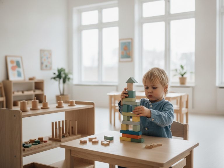 Preschool child independently exploring educational toys in a bright classroom using Preschool Learning Toys