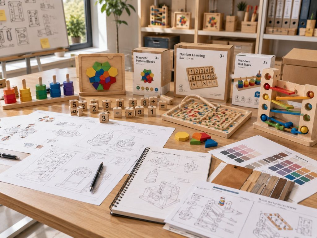 OEM product development workspace for wooden educational toys with prototypes and design materials.