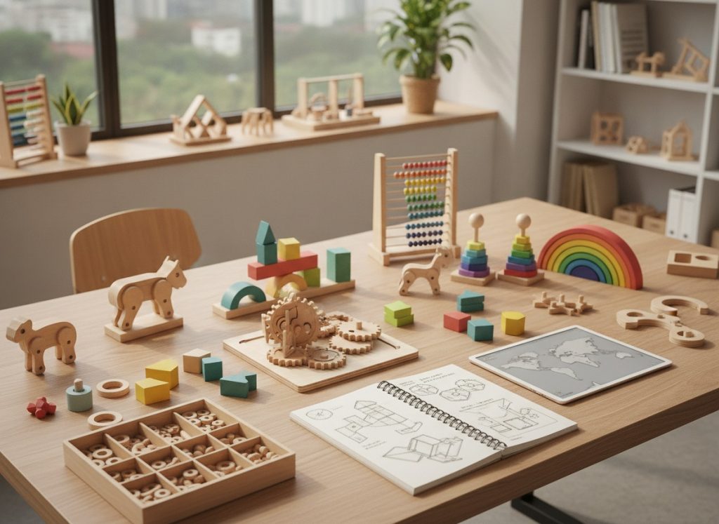 Wooden educational toy product development workspace showing prototypes, design samples, and manufacturing concepts.