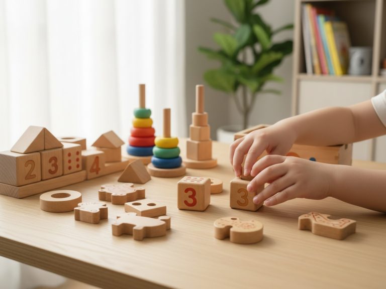 wooden educational toys supporting sensory development through hands-on learning activities