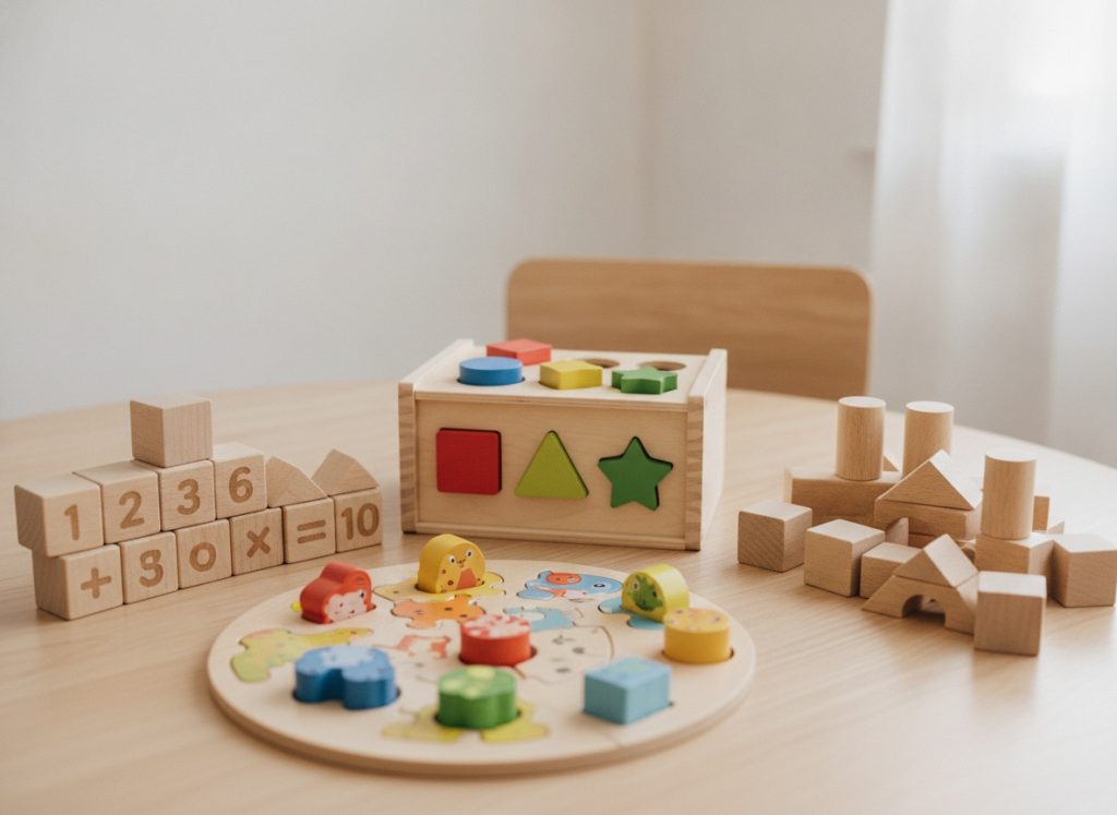 Wooden educational toys such as puzzles, sorting pieces, and number blocks supporting preschool learning and child development.