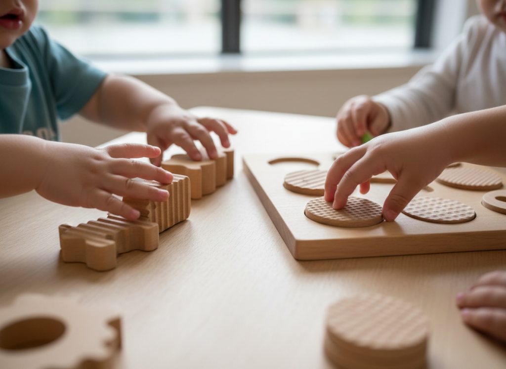 child hands exploring wooden educational toys for tactile learning and sensory development