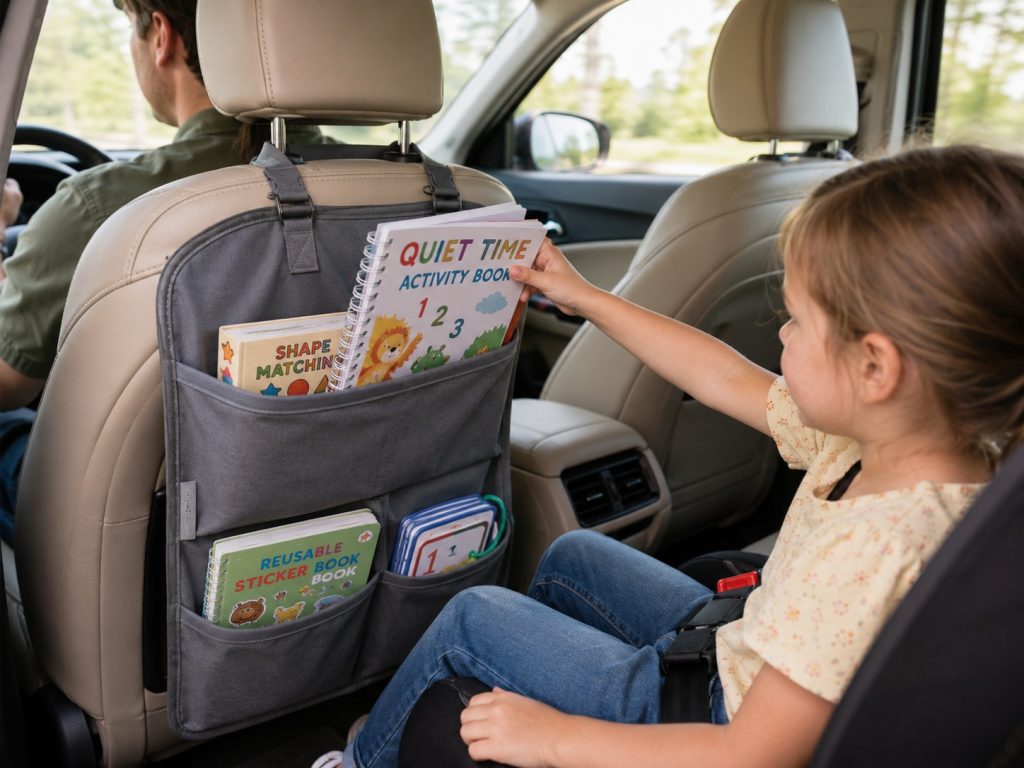 Seatback organizer holding quiet travel toys for kids, supporting independent access and reduced driver distraction on road trips
