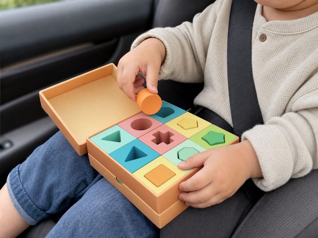 Compact shape sorting travel toy for kids, designed for independent play in car seats during long road trips
