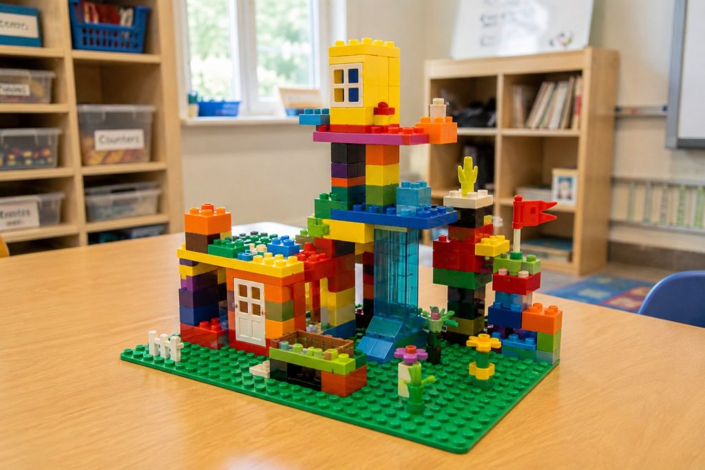 A structure built by a child using open-ended creative toys for kids in the classroom